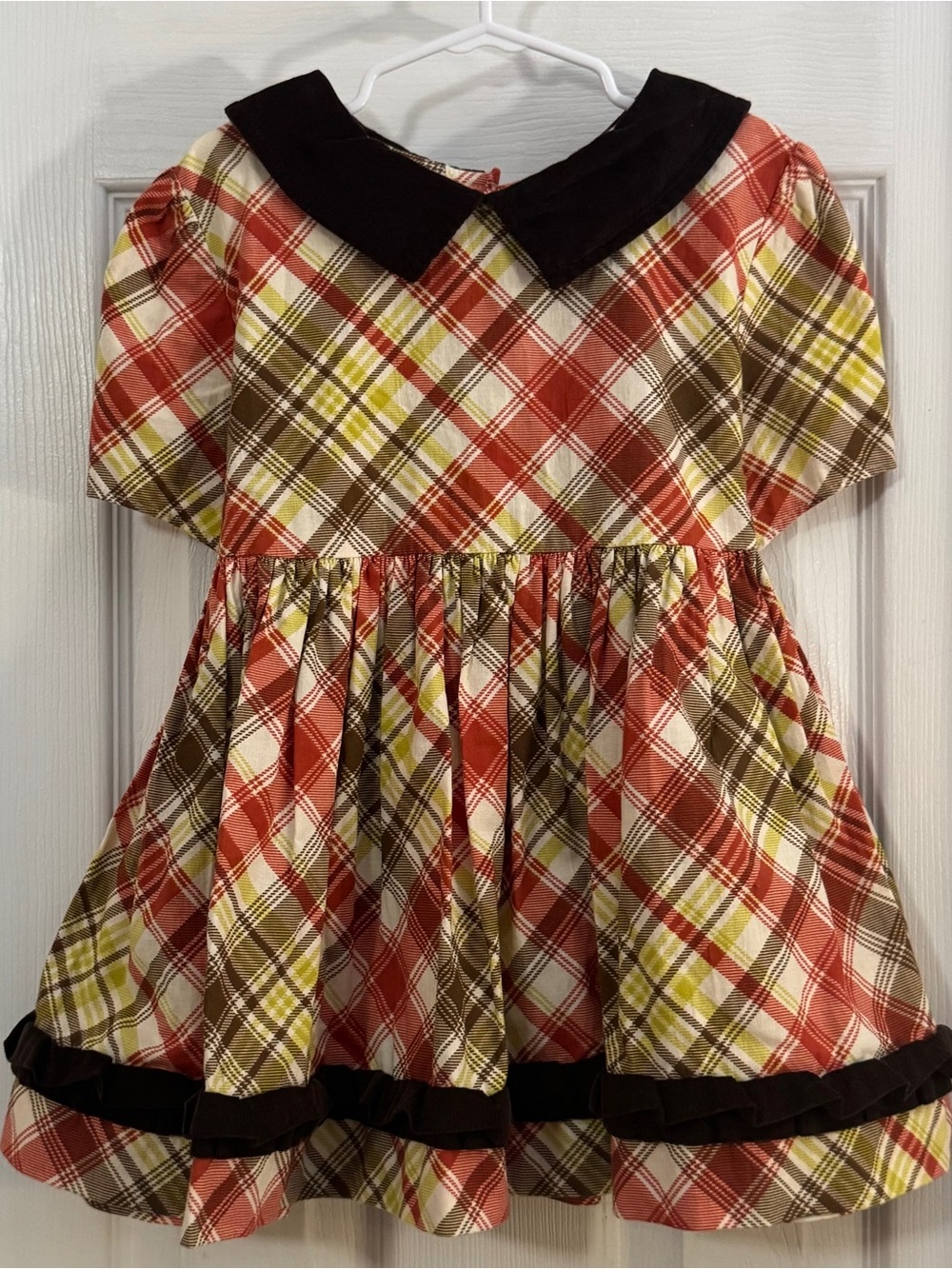 Persnickety Girl Cream & Rust Plaid Tunic Top Brown Collar & Trim Short Sleeve
